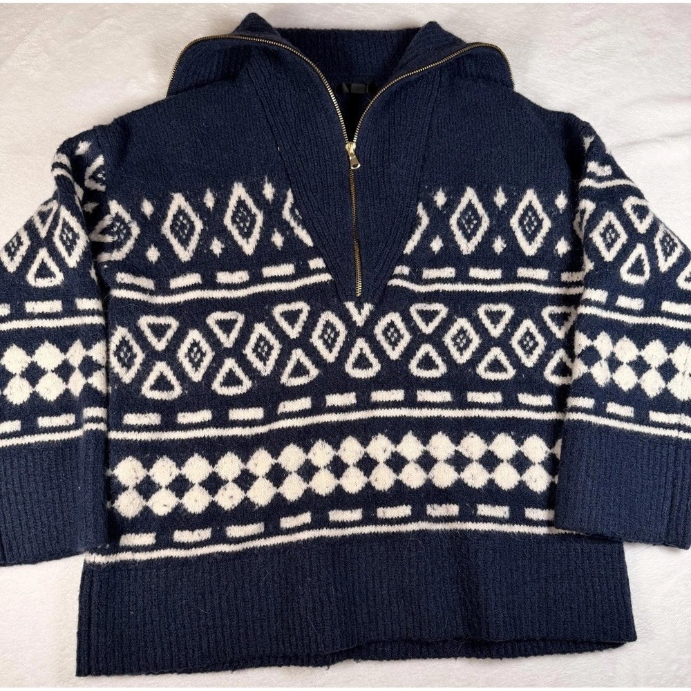 J.Crew Sweater Womens M-L Blue White Fair Isle 1/2 Zip Turtleneck Knit Pullover
